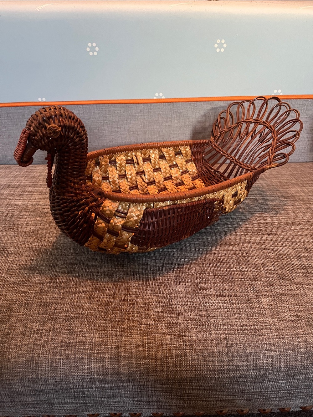 Vintage, Woven Chicken Shaped Decorative Basket in Brown & Natural